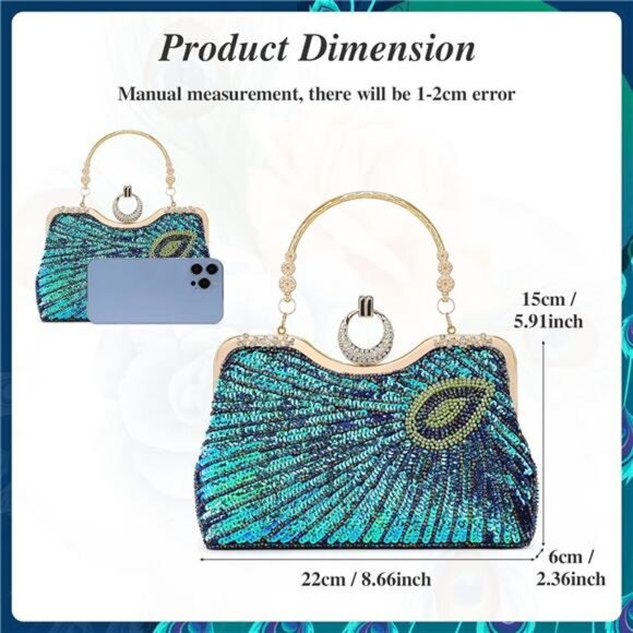 Beaded Bag Sequin Peacock Evening Clutch Purse for Women Formal Evening Blue - Picture 5 of 9